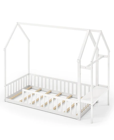 Gouun Twin Size Montessori House Floor Bed with Clothes Hanger and Storage Shelf