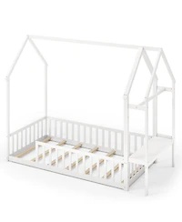 Gouun Twin Size Montessori House Floor Bed with Clothes Hanger and Storage Shelf
