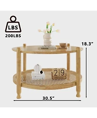 Rainsken 32" Round Rustic Wood Coffee Table Featuring Boho Woven Rattan Lower Shelf for Living Room Storage