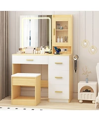 Homfan Modern Vanity Desk with Mirror and Led Lights - Built-in Outlets - 4 Drawers - Storage Stool and Hair Dryer Holder - Makeup Dressing Table