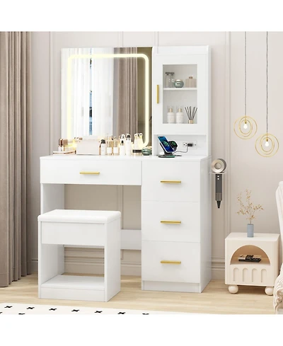 Homfan Modern Vanity Desk with Mirror and Led Lights - Built-in Outlets 4 Drawers Storage Stool Hair Dryer Holder Makeup Dressing Table