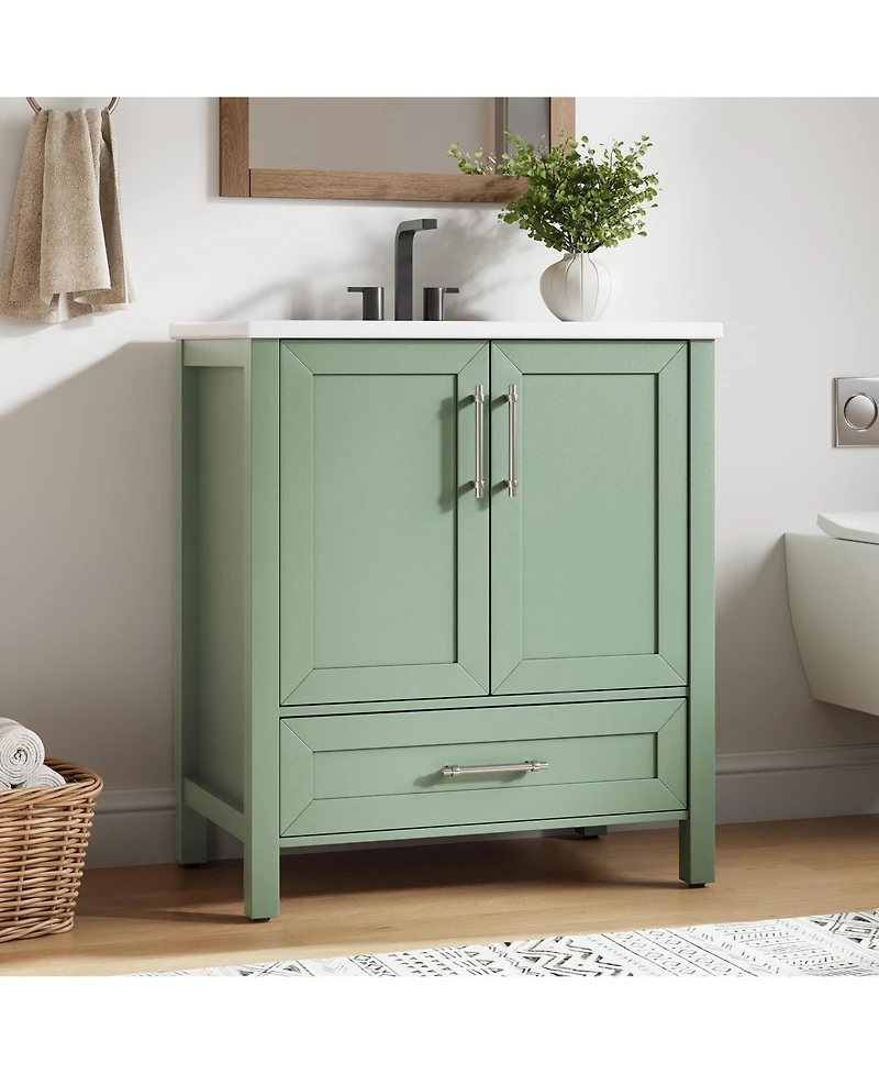 homfan Bathroom Vanity with Ceramic Sink, Storage Cabinet Drawer and 2 Soft Closing Doors, Single Sink Integral Top