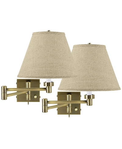 Barnes and Ivy Modern Swing Arm Wall Lamps Set of 2 Antique Brass Plug-In Light Fixture Fine Burlap Empire for Bedroom Living Room