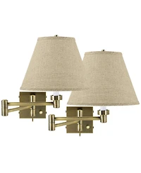 Barnes and Ivy Modern Swing Arm Wall Lamps Set of 2 Antique Brass Plug-In Light Fixture Fine Burlap Empire for Bedroom Living Room