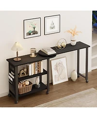 360 Rotating End Table with Charging Station, Swivel Side Table on Wheels with Brakes, Movable Sofa Table with Storage Bag for Living Room Bedroom