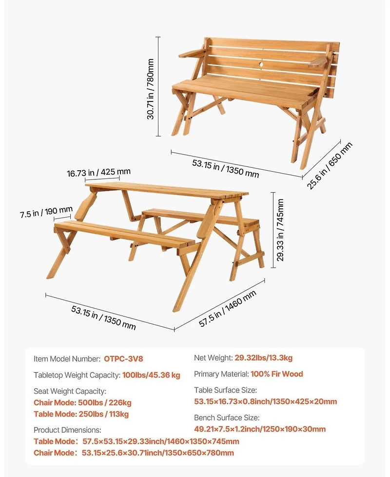 Gouun 2 in 1 Wooden Picnic Table and Bench with Umbrella Hole