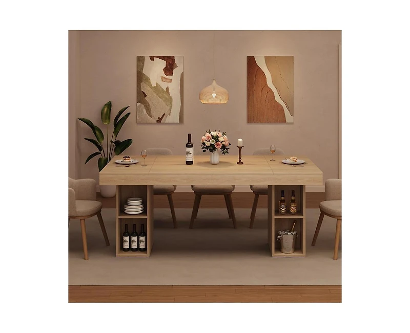 gaomon 6-8 Person Farmhouse Wooden Dining Table with Storage Cubes
