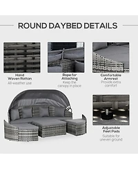 Outsunny 4-Piece Outdoor Rattan Furniture Set, Round Convertible Patio Daybed or Sunbed, Sectional Sofa with Canopy, Pillows, Cushions, Footrest, Tabl