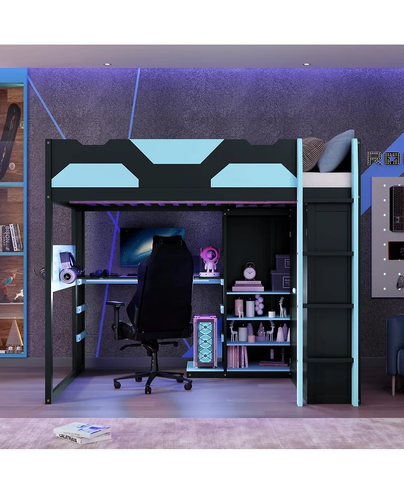 Streamdale Furniture Wood Loft Bed w/Desk, Storage, Usb, Rgb Light