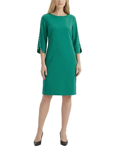 Ny Collection Petite 3/4 Mother of Pearl-Detail Petal Sleeve Dress