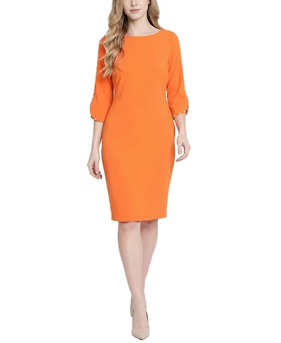 Ny Collection Petite 3/4 Mother of Pearl-Detail Petal Sleeve Dress