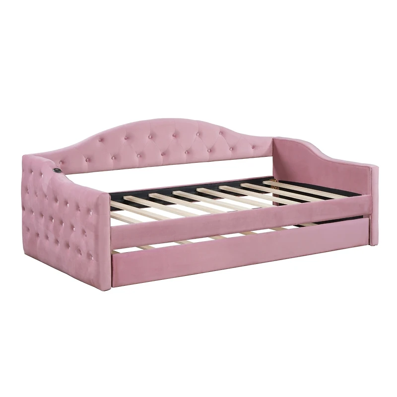 Streamdale Furniture Velvet Tufted Daybed With Trundle and Usb Charging