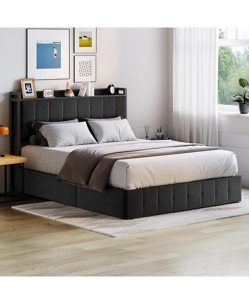 gaomon Upholstered Bed Frame with Lift-Up Storage, Platform Design with Metal Support