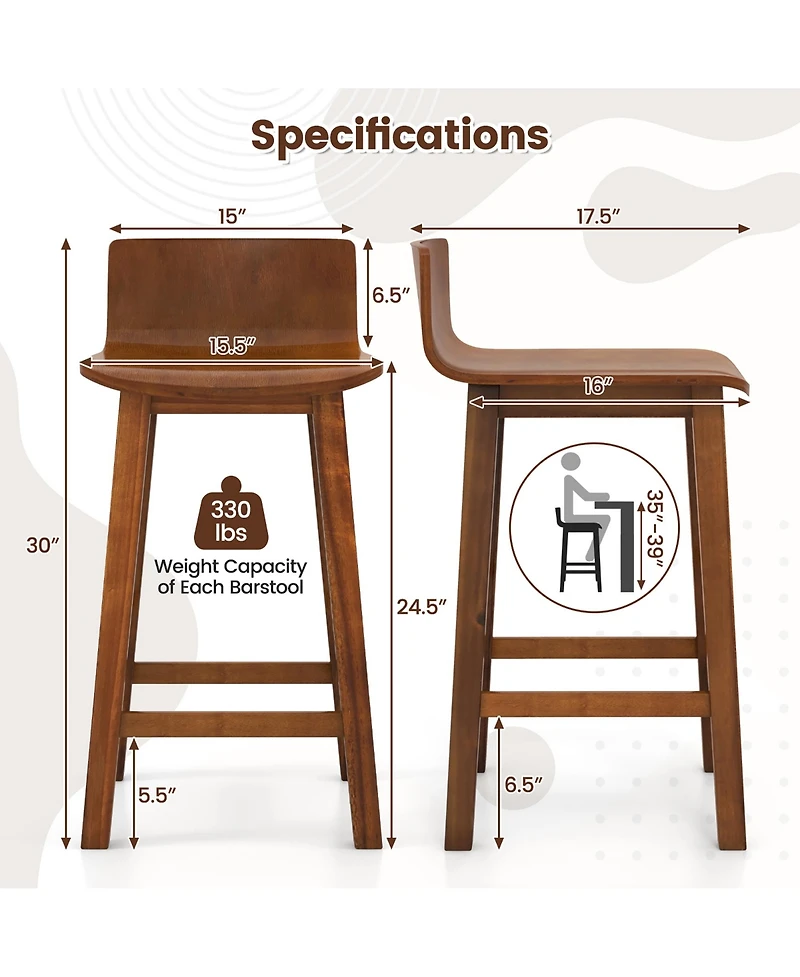 Gymax 24.5'' Solid Wood Bar Stools Set of 4 Home Counter Kitchen Stools w/ Low Backrest and Footrest