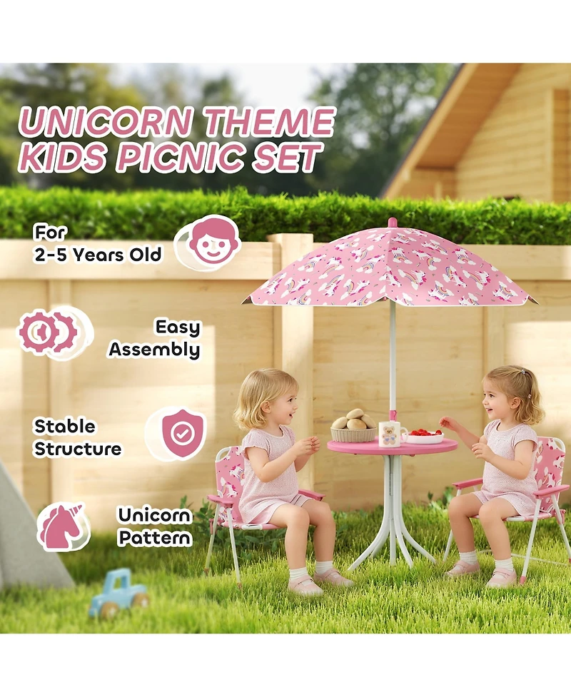 Qaba Kids Picnic Table with 2 Folding Chairs and Umbrella,