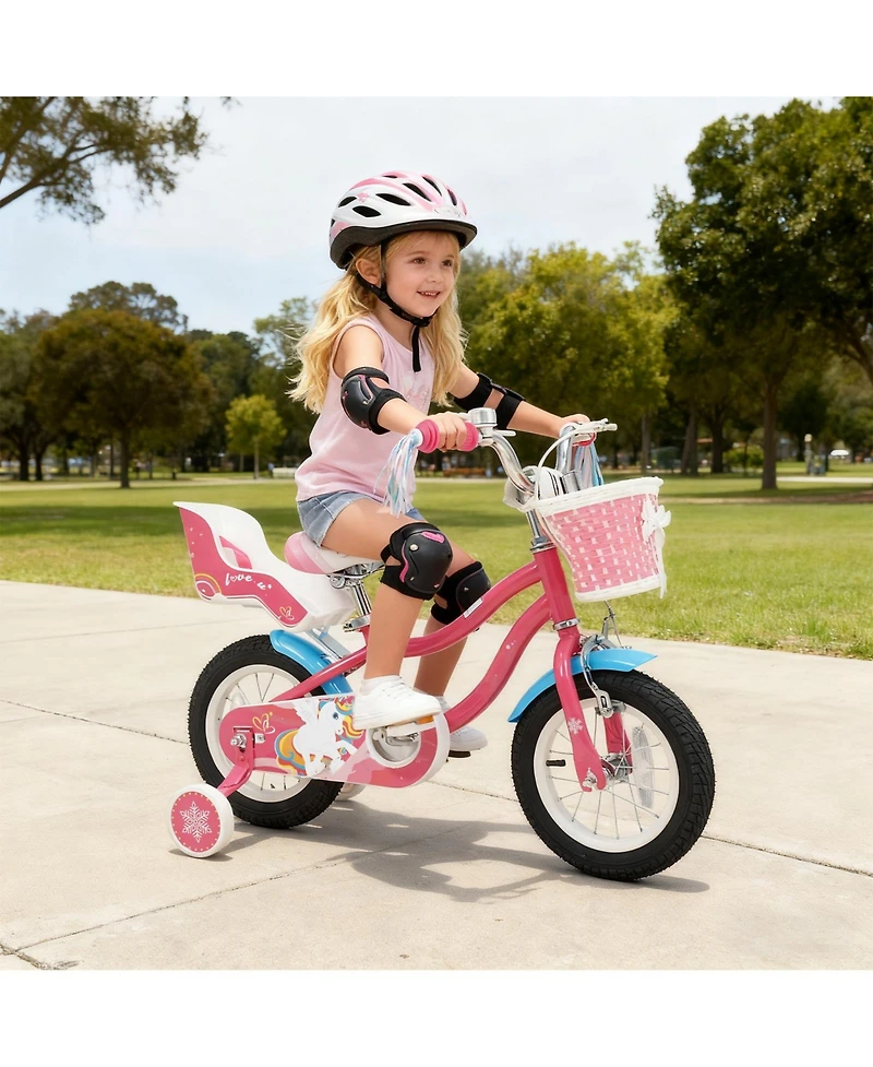 Slickblue Girls Kids Bike with Doll Seat and Safety Training Wheels