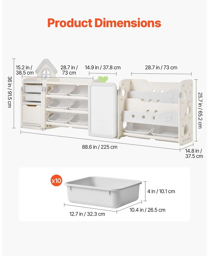 Gouun 4-Tier Kids Toy Storage with Bookshelf, Drawing Board and 10 Bins, 88.6 x 36 in