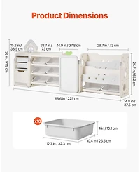 Gouun 4-Tier Kids Toy Storage with Bookshelf, Drawing Board and 10 Bins, 88.6 x 36 in