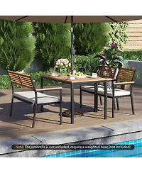 Gouun 4-Piece Acacia Wood Outdoor Dining Set with Stackable Chairs, Bench and Umbrella Hole