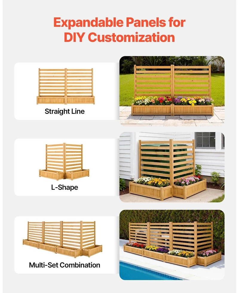 Gouun Wooden Privacy Fence with 2 Planters, 36 x 45 in Slatted Panel Outdoor Screen for Garden and Pool