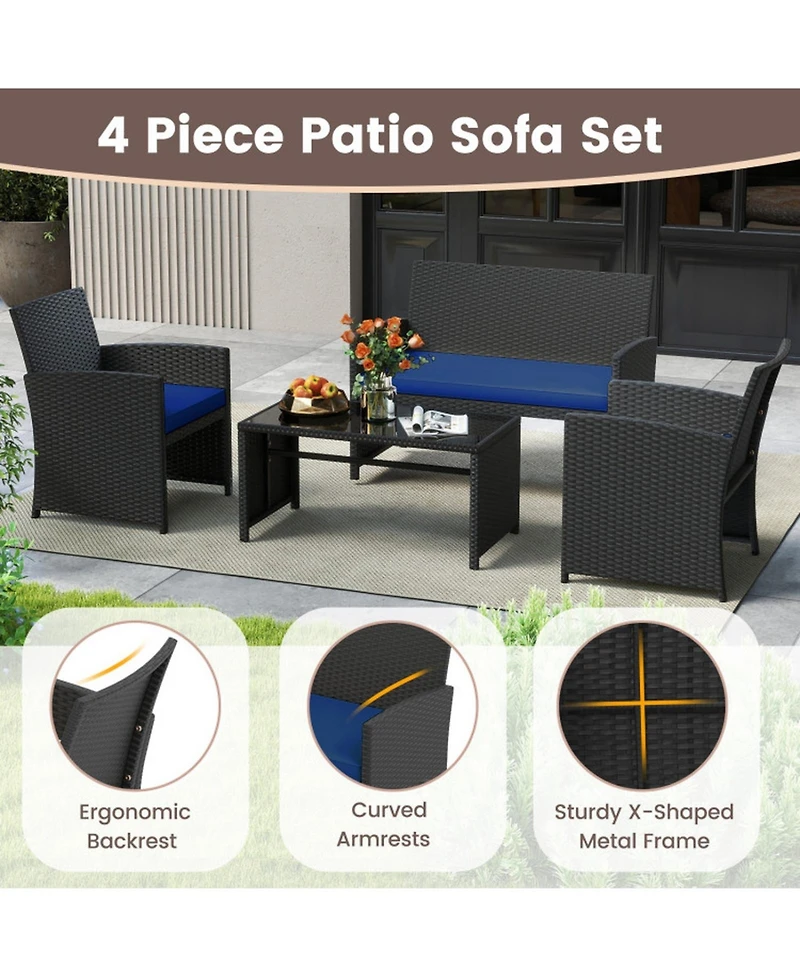 Gouun 4-Piece Rattan Patio Set with Loveseat, Chairs and Glass Coffee Table