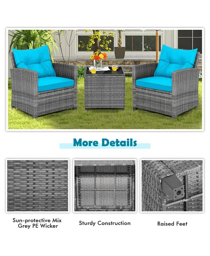 Gouun 3-Piece Wicker Conversation Set with Tempered Glass Side Table