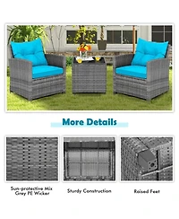 Gouun 3-Piece Wicker Conversation Set with Tempered Glass Side Table