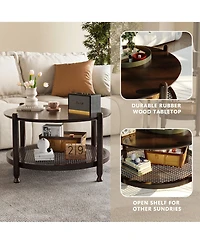 Rainsken 32" Rustic Round Coffee Table with 2-Tier Design, Boho Woven Rattan Storage Shelf for Living Room