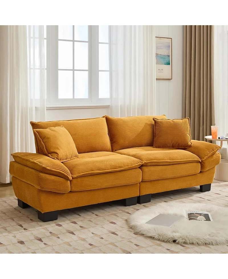 Rainsken Modern 84" Corduroy Upholstered Sofa, Comfy Deep Seat Loveseat Sofa with 2 Pillows for Home Office and Living Room