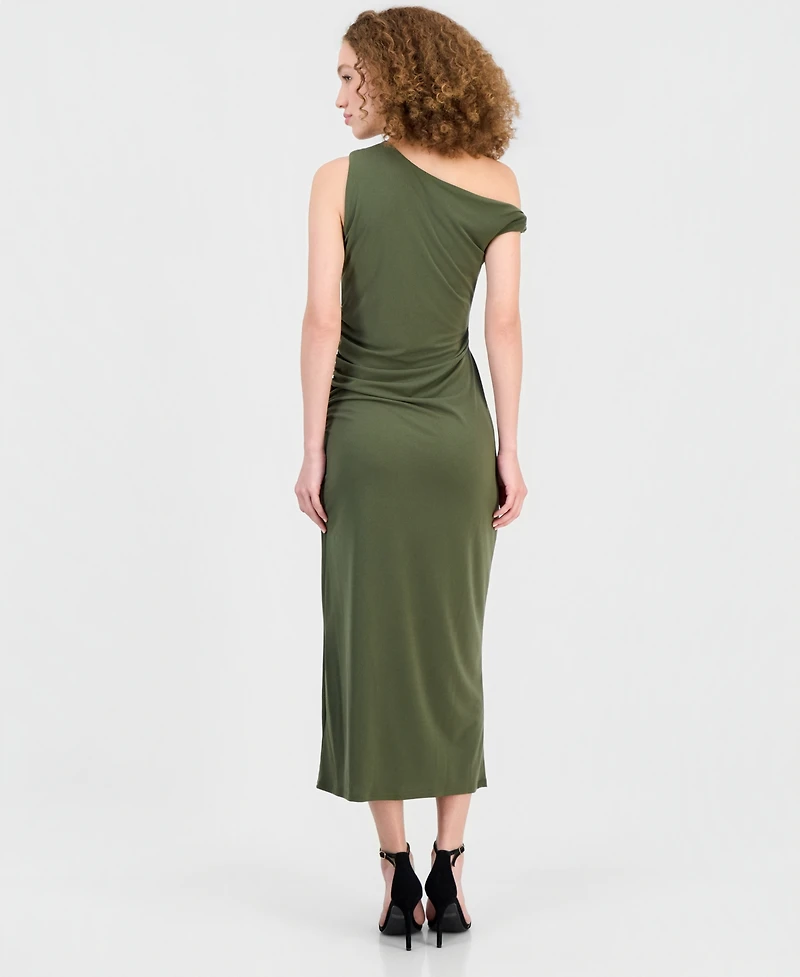 Robbie Bee Women's Asymmetrical Side-Ruched Midi Dress