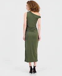 Robbie Bee Women's Asymmetrical Side-Ruched Midi Dress