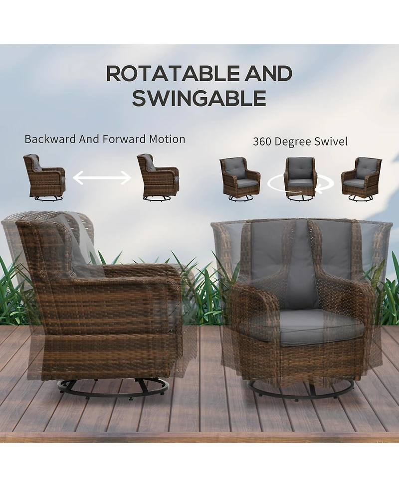 Outsunny 4 Piece Pe Wicker Patio Furniture Set, Conversation Set with 2 360° Swivel Rocking Armchairs, 1 Loveseat Sofa, Thick Cushions and Glass