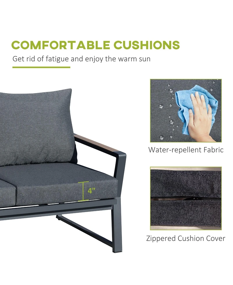 Outsunny 4 Piece Patio Furniture Set, Aluminum Conversation Set, Outdoor Garden Sofa Set with Armchairs, Loveseat, Center Coffee Table and Cushions, D
