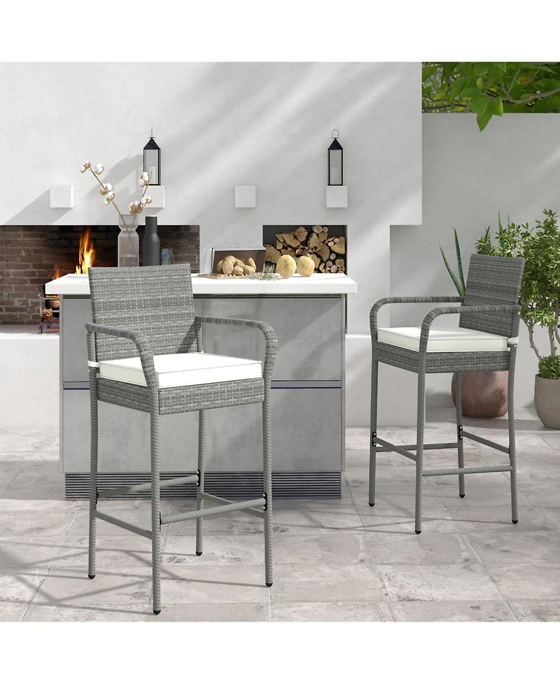 Gymax Set of 2 Rattan Patio Bar Stools Outdoor Bar Height Chairs w/ Cushions
