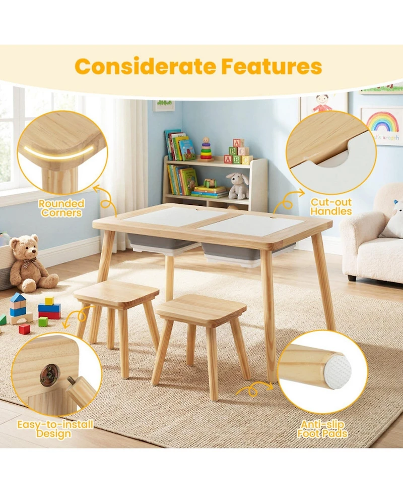Gouun Kids Wooden Activity Table Set with Chalkboard and Foldable Bins