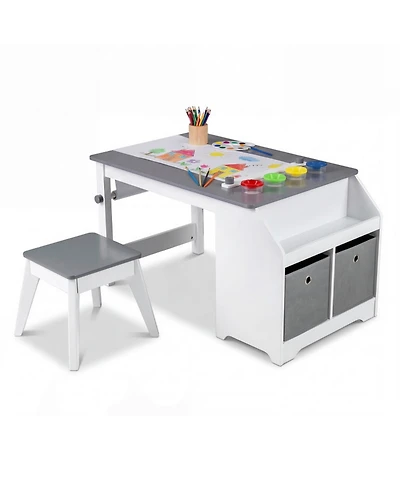 Gouun Kids Art Table and Stool Set with Paper Roll and 4 Paint Cups