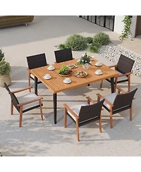 Gouun 7-Piece Outdoor Dining Set with 63 in Acacia Wood Table, 6 Pe Rattan Armchairs and Cushions