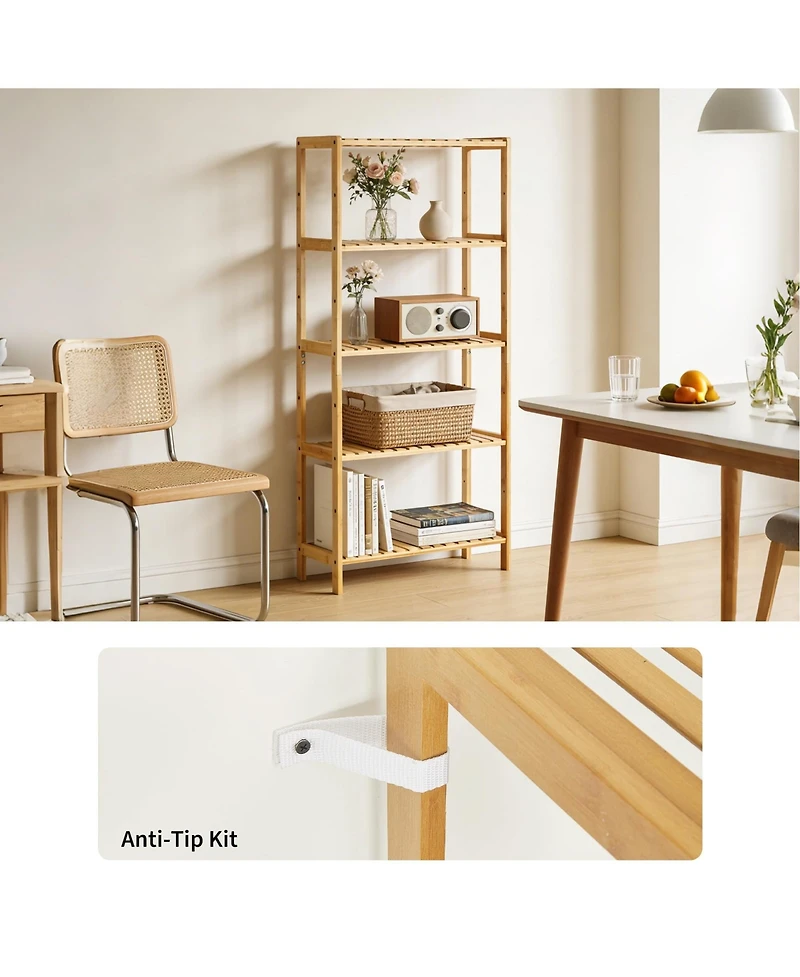 homfan 5-Tier Wide Bamboo Shelf Narrow Bathroom Shelf with Slatted Shelves Wood Plant Stand Standing Towel Rack Corner Rack