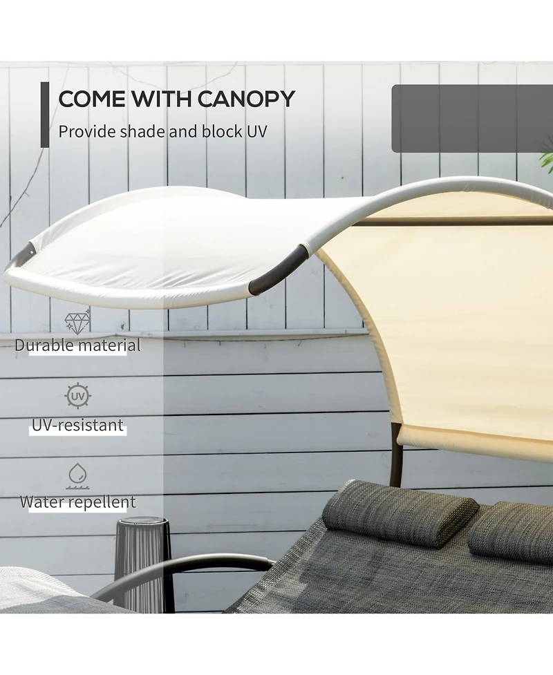 Outsunny Outdoor Double Chaise Rocking Chair, Day Bed Sun Lounger with Canopy Shade, Headrest Pillow, Armrests for Garden, Poolside, Light Gray