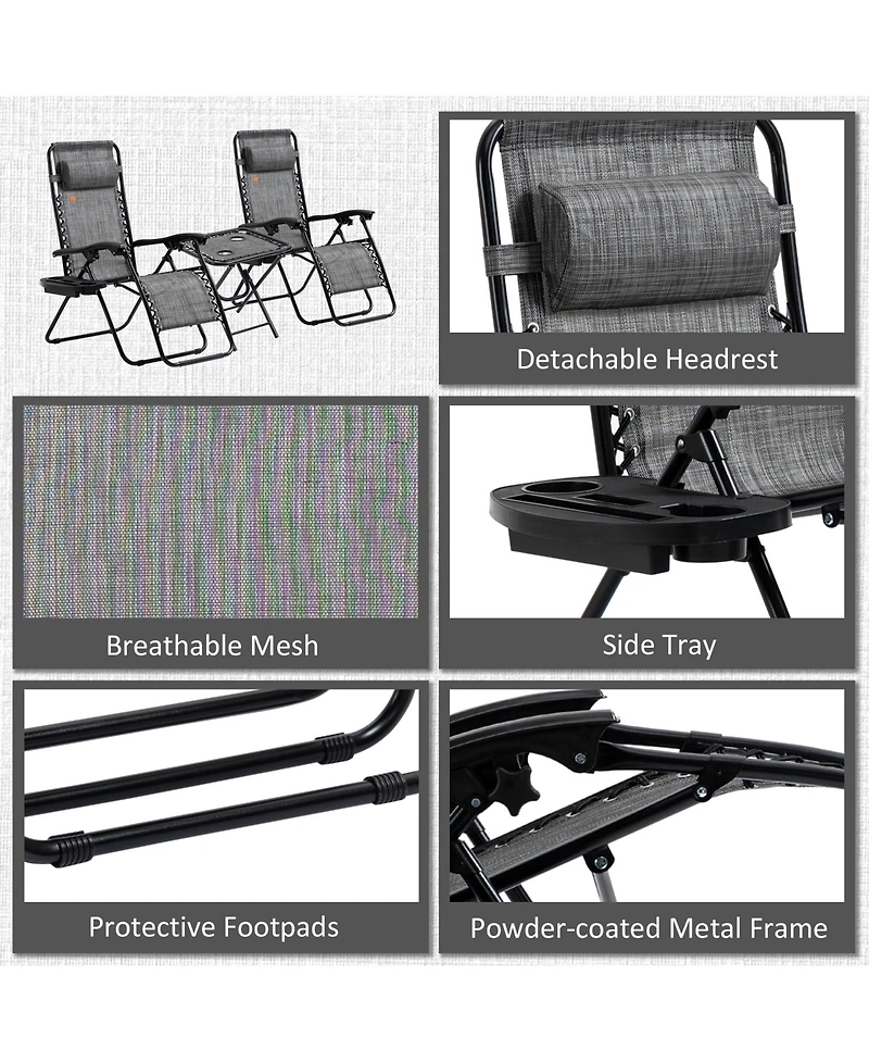 Outsunny 3-Piece Outdoor Chaise Lounger Chair Set, Folding Reclining Zero Gravity Chair with Side Table, Cup Holder and Headrest for Patio, Yard