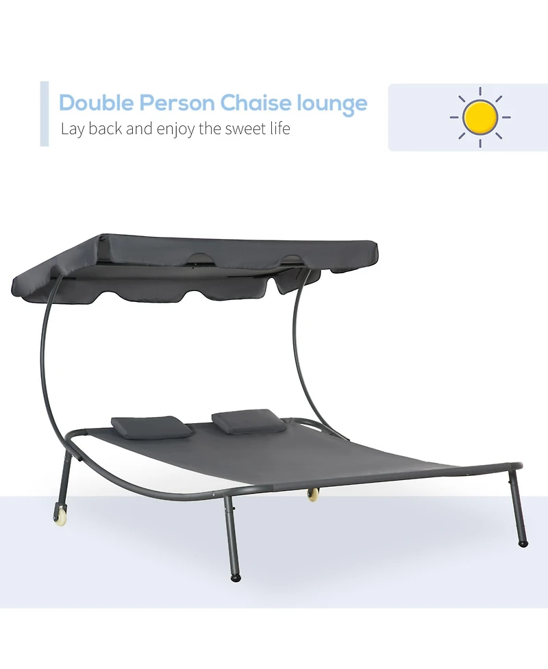 Outsunny Patio Double Chaise Lounge Chair, Outdoor Wheeled Hammock Daybed with Adjustable Canopy and Pillow for Sun Room, Garden, or Poolside, Grey