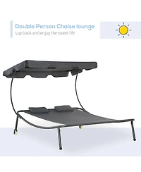 Outsunny Patio Double Chaise Lounge Chair, Outdoor Wheeled Hammock Daybed with Adjustable Canopy and Pillow for Sun Room, Garden, or Poolside, Grey