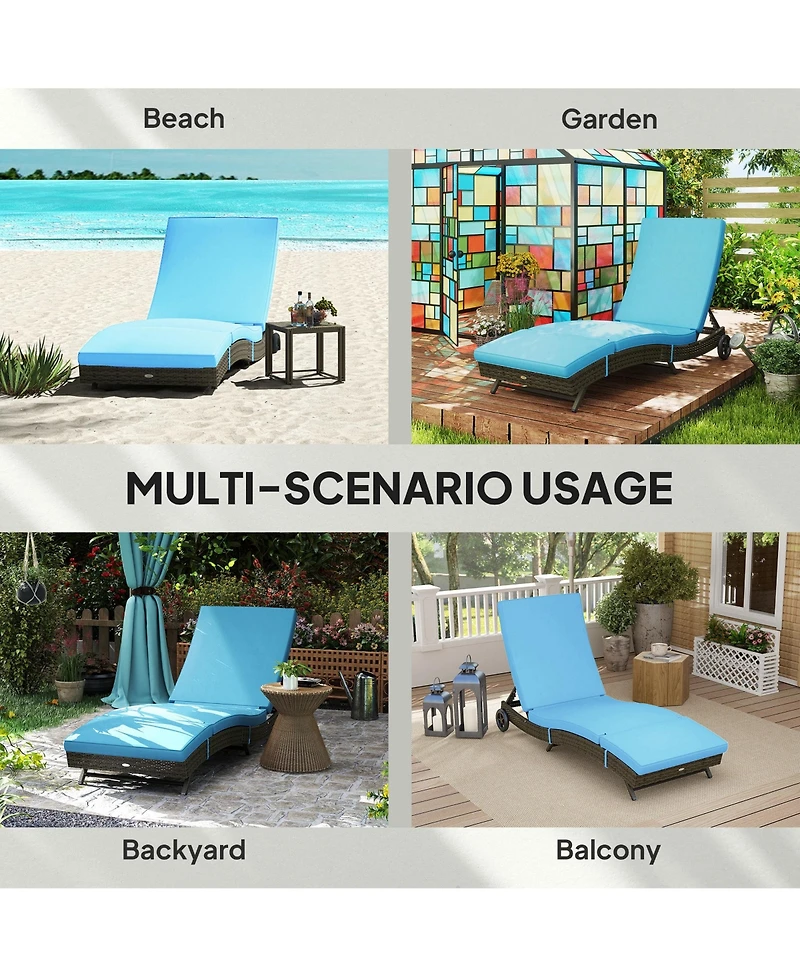 Outsunny Reclining Chaise Lounge Chair, Thickly Cushioned, Rolling Outdoor Plastic Rattan Sun Bathing Chair /w Wheels for Poolside, Pool, Patio, Sky B