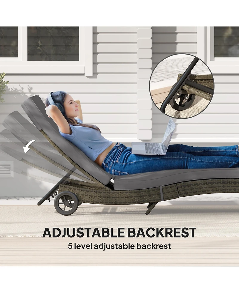 Outsunny Outdoor Reclining Lounge Chair, Pe Wicker, Rolling Wheels, Patio, Grey