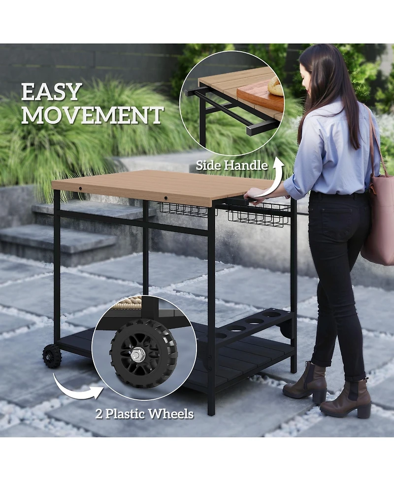 Outsunny Outdoor Bar Cart Patio Serving Cart with Wine Holders Natural