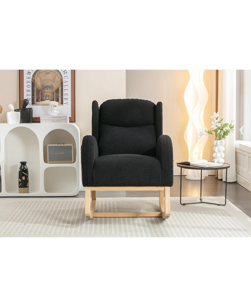Flynama 1 Pc Teddy Fabric & Wooden Frame Built in Pocket Ergonomic Backrest Rocking Chair