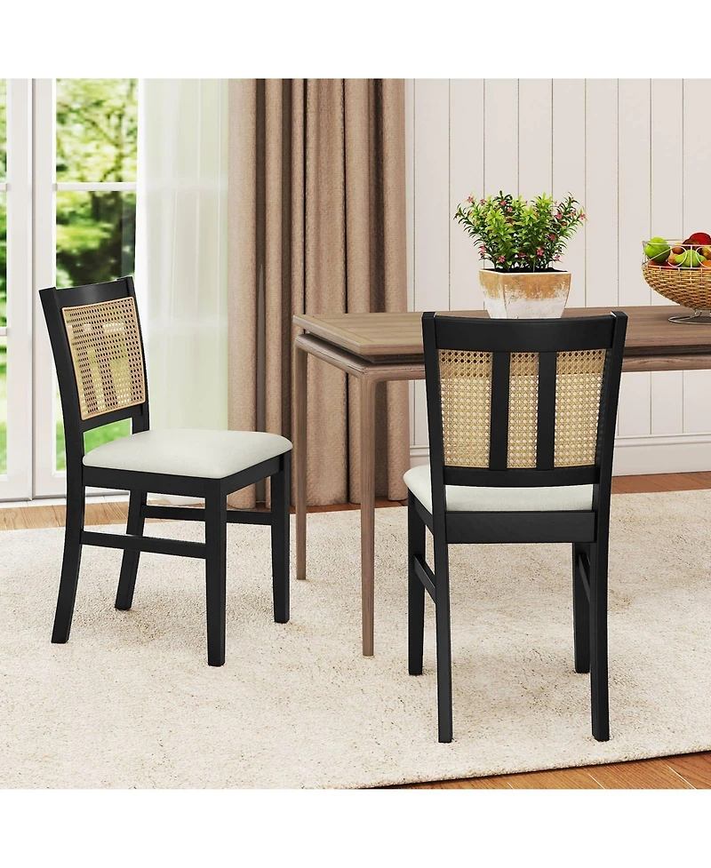 Gouun Farmhouse Rattan Cane-Back Dining Chairs Set of 2 with Rubber Wood Legs