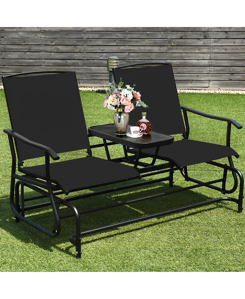 Gymax Patio 2-Person Glider Rocking Chair Loveseat Garden w/ Tempered Glass Table