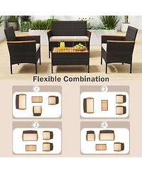 Clihome 4 Piece Patio Wicker Sofa Set 2 Rattan Chairs and Loveseat with Table