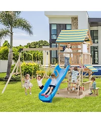 Slickblue Outdoor Wooden Swing Set with Slide, Deck and Steering Wheel